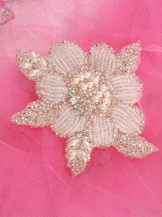 FSSF11 Crystal Silver Pearl Rose Floral Beaded Rhinestone Applique 4"