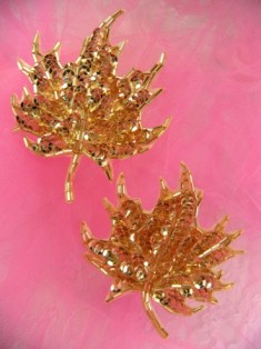 FS1337 Gold Leaf Mirror Pair Beaded Sequin Appliques 3.75"