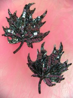 FS1337 Gunmetal Leaf Mirror Pair Beaded Sequin Appliques 3.75"