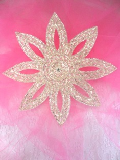 FS1388 Silver Beaded Rhinestone Floral Applique 7"