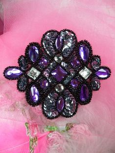 FS143 Purple Black Beaded Jewel Sequin Applique 4.5"