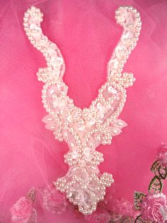 FS146 White AB Beaded Sequin Neckline Collar Applique
