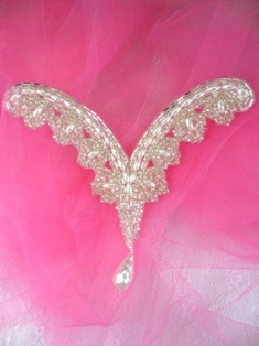 FS1792B Silver Pearl Beaded Dangle V Shaped Collar Applique