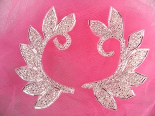FS2088 Silver Mirror Pair Leaf Beaded  Appliques 4"