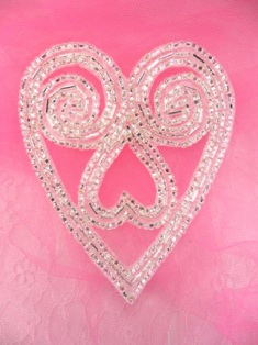 FS211AB Silver Heart Beaded Applique 4.25"
