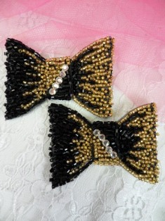 FS2160 Black & Gold Bow Mirror Pair Rhinestone Beaded Appliques 2.5"
