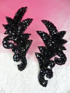 FS219 Black Mirror Pair Sequin Beaded Appliques 3.75"