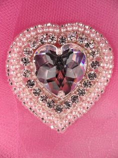 FS2356 Rhinestone Silver Pearl Heart Beaded Applique 2"