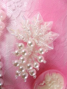 FS2541 Crystal AB Pearl Leaf Cluster Beaded Applique 2"