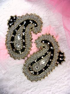FS2632 Gold, Silver & Black Mirror Pair Rhinestone Beaded Sequin Paisley Appliques 5"