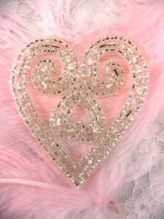 FS30 Silver Heart Beaded Applique 2.25"