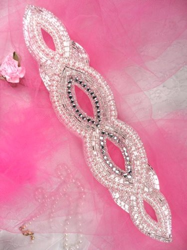 FS304  Silver Pearl Rhinestone Beaded Applique 11"