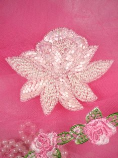 FS3137 White Satin Pearl Floral Beaded Applique 3"