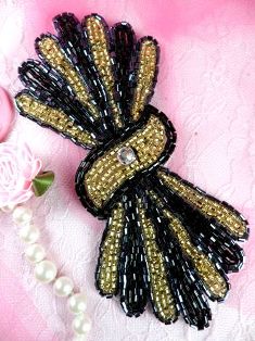 FS3161 Black Gold Gunmetal Beaded Applique 5.25"