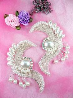 FS3363 Radiant Pearl Swirl Mirror Pair Beaded  Appliques 4"