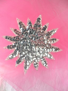 FS3378 Silver Starburst Beaded Sequin Applique 4"