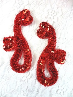 FS339  Red Mirror Pair Beaded Sequin Appliques 3.5"