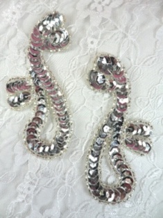 FS339  Silver Mirror Pair Beaded Sequin Appliques 3.5"