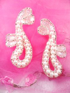 FS339 Silver Pearl Beaded Mirror Pair Sequin Appliques 3.5"