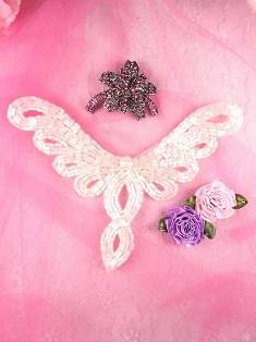 FS354 White Satin Beaded Collar Applique 5.5"