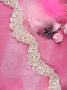 FS4072 Butterfly Antique White Pearl Beaded Crystal Sequin Trim 2.5"