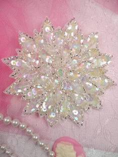FS474 Crystal AB Silver Floral Beaded Sequin Applique 3"