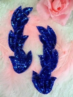 FS513 Royal Blue Leaf Mirror Pair Beaded Sequin Appliques 5.5"
