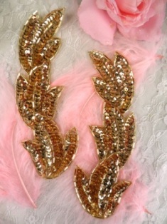 FS513 Gold Leaf Mirror Pair Beaded Sequin Appliques 5.5"