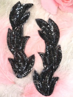 FS513 Gunmetal Leaf Mirror Pair Beaded Sequin Appliques 5.5"