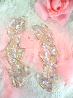 FS513 Pastel Leaf Mirror Pair Beaded Sequin Appliques 5.5"