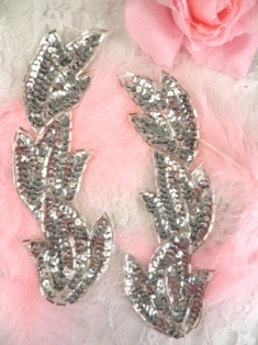FS513 Silver Leaf Mirror Pair Beaded Sequin Appliques 5.5"