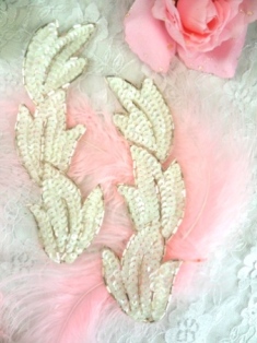 FS513 White Silver Leaf Mirror Pair Beaded Sequin Appliques 5.5"