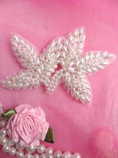 FS566 White Pearl Beaded Leaf Applique 3.5"