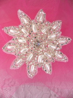 FS598 Silver Pearl Snowflake Beaded Applique 2.25"