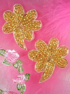 FS739 Gold Beaded Mirror Pair Sequin Appliques 2.5"
