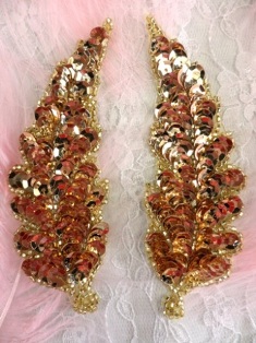 FS760  Gold Leaf Mirror Pair Beaded Sequin Appliques 4"