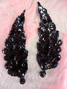 FS760  Gunmetal Leaf Mirror Pair Beaded Sequin Appliques 4"