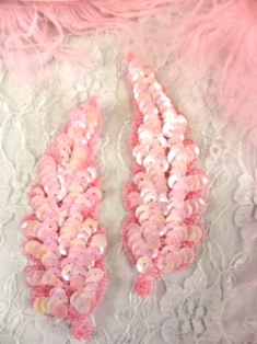 FS760  Pink Opaque Leaf Mirror Pair Beaded Sequin Appliques 4"