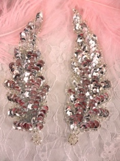 FS760  Silver Leaf Mirror Pair Beaded Sequin Appliques 4"