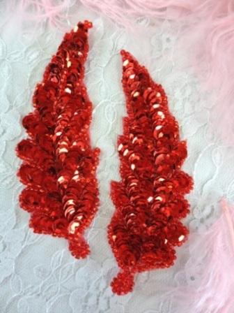FS760  Red Leaf Mirror Pair Beaded Sequin Appliques 4"