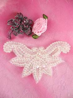 AFSV183 Crystal AB White Pearl Beaded Sequin Applique 2.5"