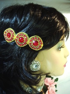HB0379  Red Jewel Gold Beaded Rhinestone Hair Bow 3.75"