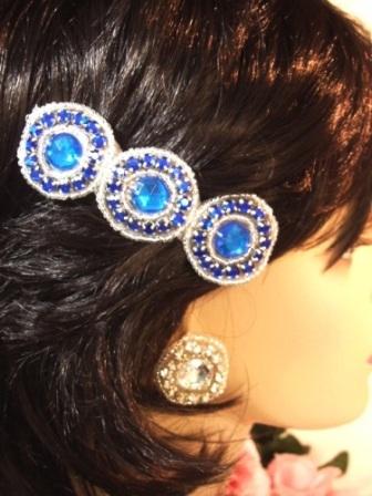 HB0379  Blue Jewel Silver Beaded Rhinestone Hair Bow 3.75"
