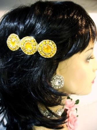 HB0379  Gold Jewel  Beaded Rhinestone Hair Bow 3.75"