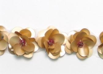 E1590 Flower Beaded Sequin Trim Matte Gold