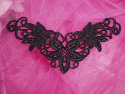 F23  Black Yoke Collar Venise Lace Applique 5.5"-yoke,black,lace,collar,floral,embellishment,embroidered,venise,venice,lace,victorian,sewing
