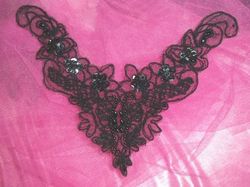 F17  Black Yoke Collar Beaded Venise Lace Applique 8"-yoke,black,lace,trim,collar,floral,white,embellishment,embroidered,venise,venice,lace,victorian,sewing,clothing,sequin,beaded,bead,sequins,applique,motif,trim,trimmings,sewing,beaded,motif,patch,rose