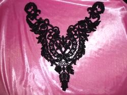 F25  Black Yoke Collar Venise Lace Applique 10"-yoke,black,lace,collar,floral,white,embellishment,embroidered,venise,venice,lace,victorian,sewing,motif