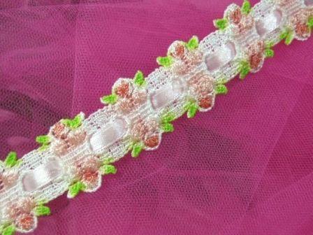 C38  Pink Rose Ribbon Lace Trim 1.25"-pink,rose,lace,trim,flower,floral,white,embellishment,embroidered,venise,venice,lace,victorian,sewing,clothing,sequin,beaded,bead,sequins,applique,motif,trim,trimmings,sewing,beaded,motif,patch,rose