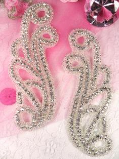 JB13 Crystal Clear Silver Beaded Mirror Pair Rhinestone Appliques 5.5"